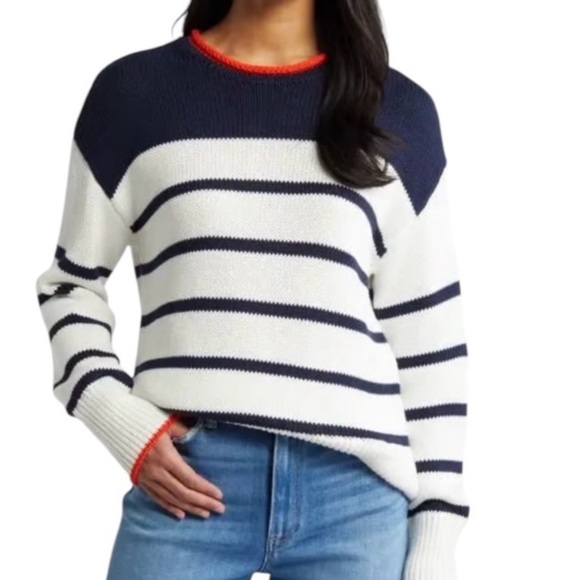Caslon Sweaters - Caslon Easy Pima Cotton Roll Neck Striped Sweater in Navy Ivory Stripe